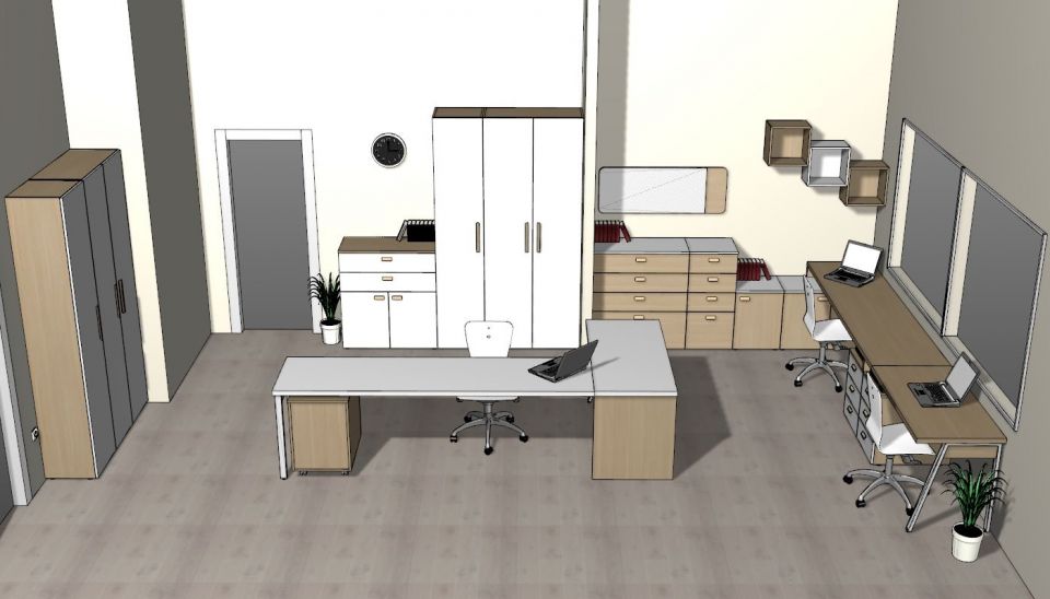 3D izris pisarne, poljubna postavitev pohištva