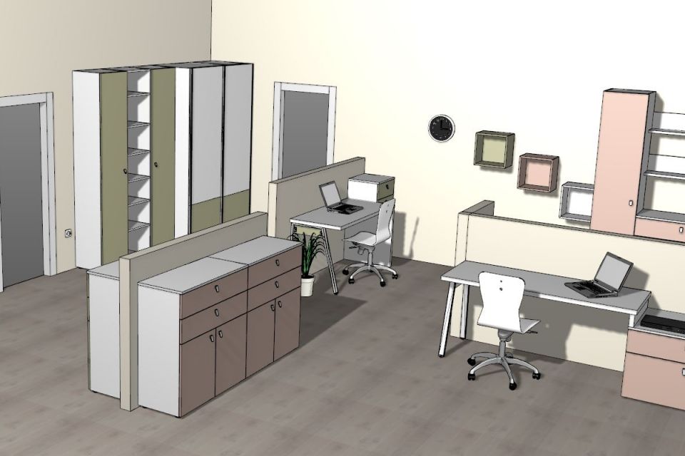 3D izris pisarne, poljubna postavitev pohištva