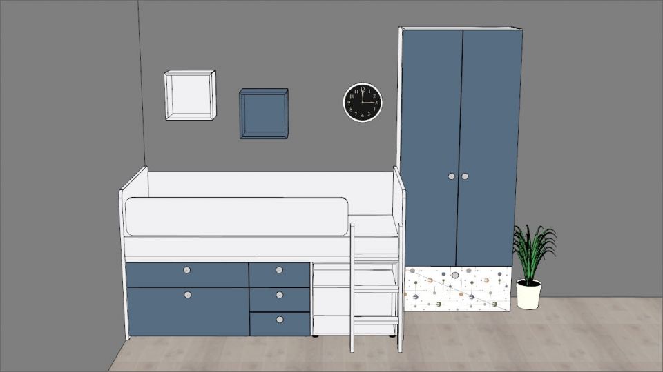 Otroška soba za punce in fante, polvisoka postelja: AMAGNET1 izvedba bela/modra