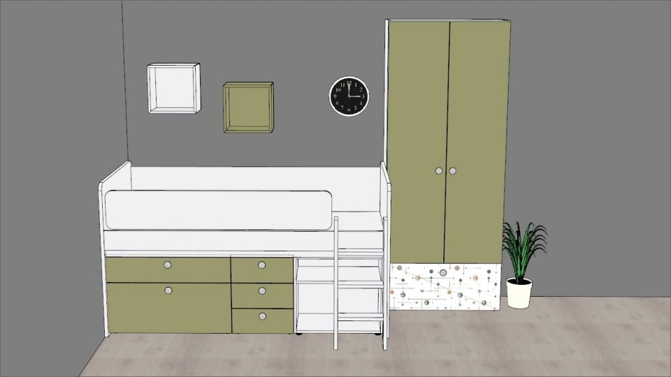 Otroška soba za punce in fante, polvisoka postelja: AMAGNET1 izvedba bela/zelena