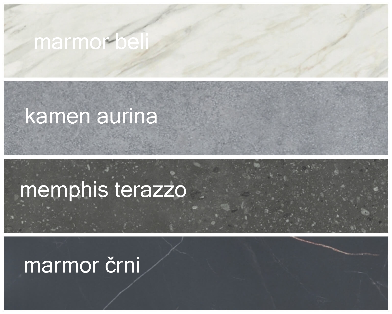 Kuhinjske delovne plošče kompakt Alples - marmor beli in črni, kamen aurina in memphis terazzo