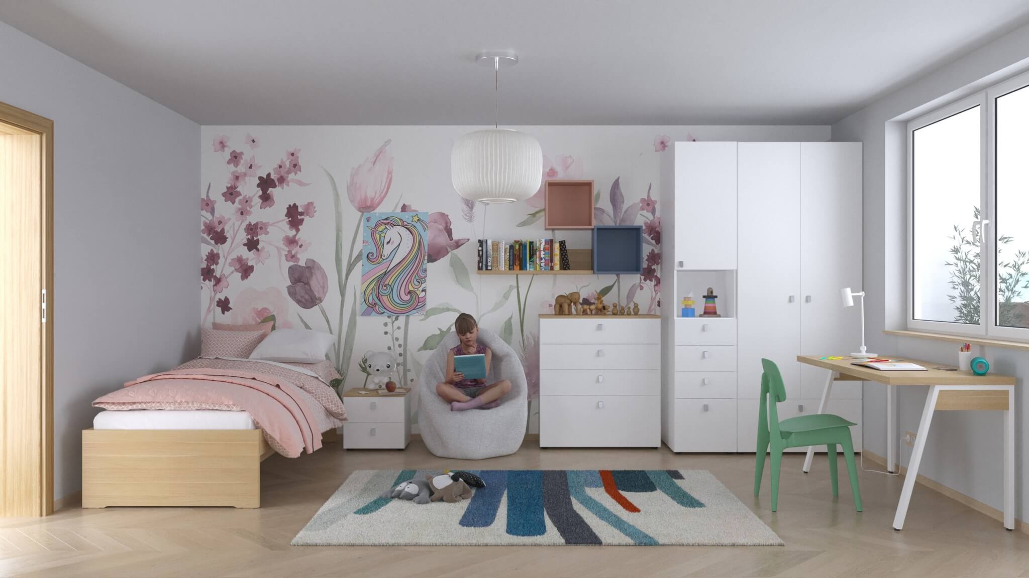 Otroška soba - sestav s posteljo, predalnikom in visoko omaro za večjo kreativnost otroka