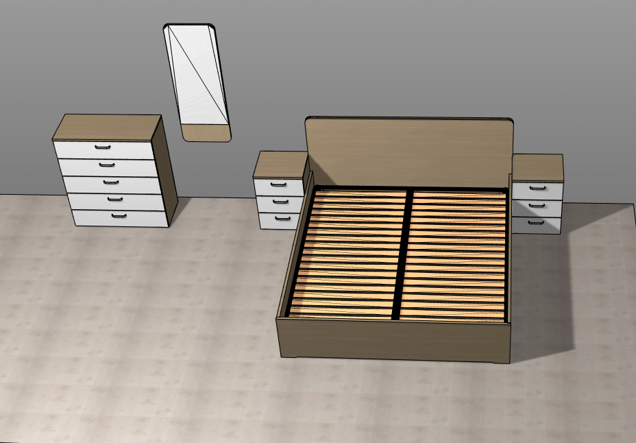 Skica spalnice Magnet - postelja z omaricami